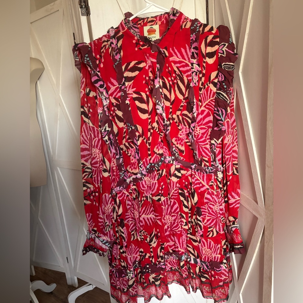 FARM Rio Red Floral-Patterned Ruffle Dress